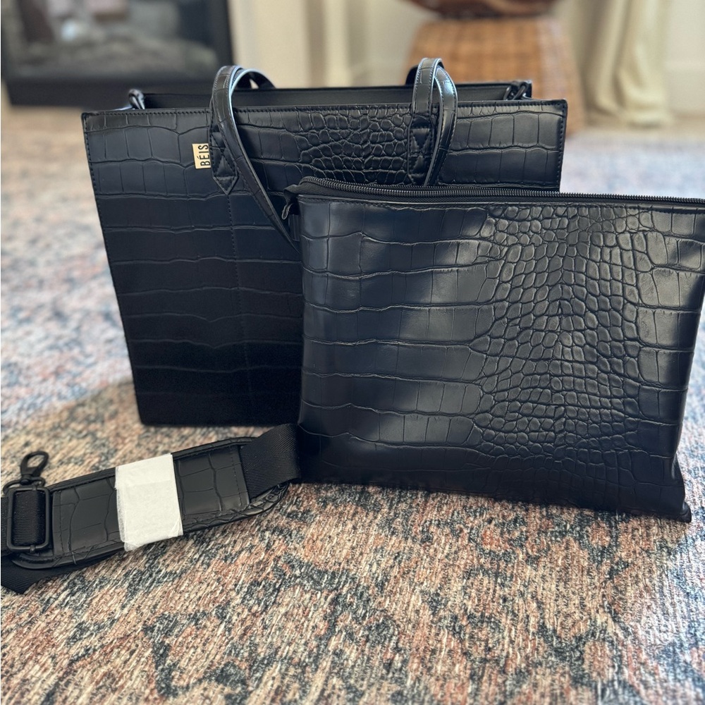 BEIS Black Crocodile Work Tote